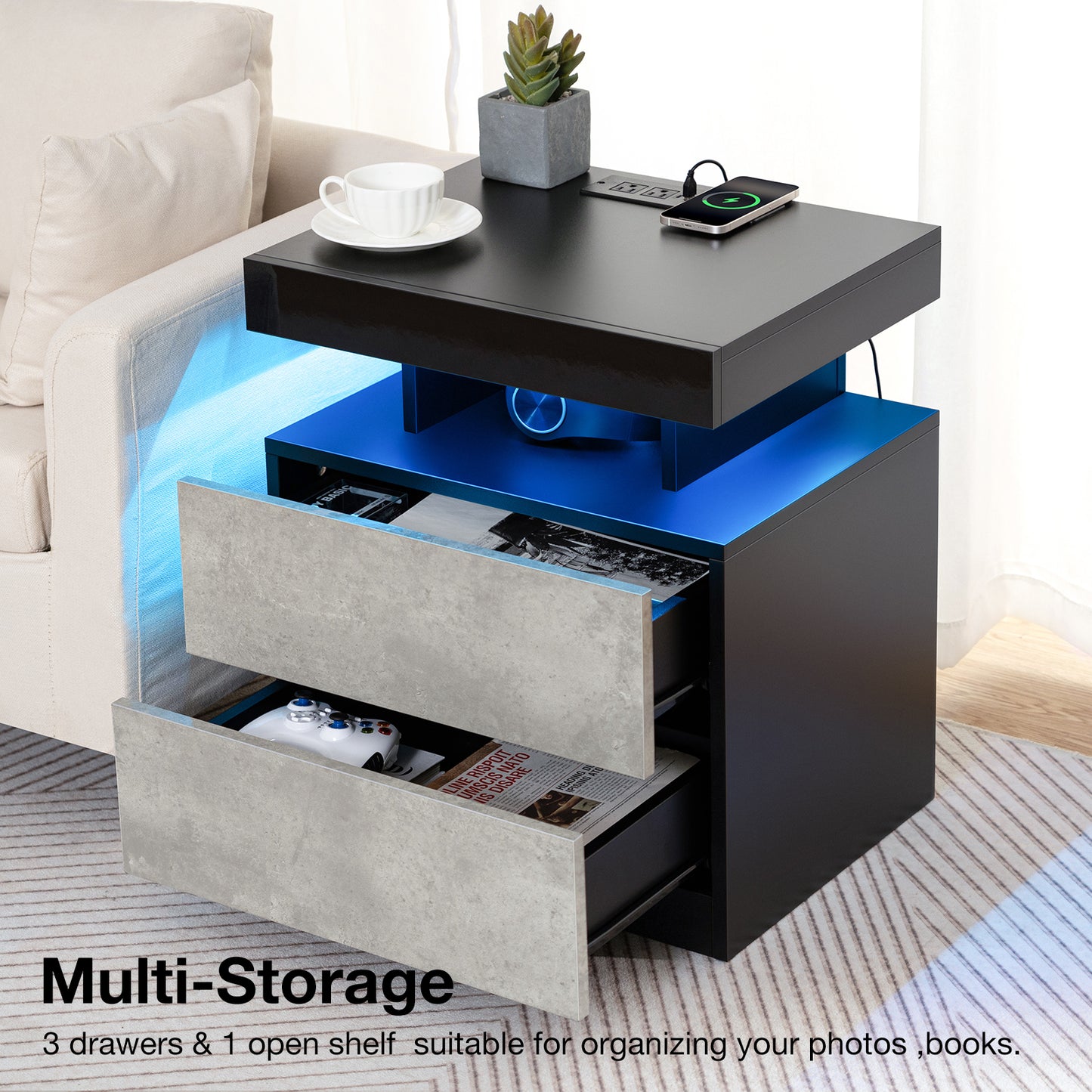 Modern Nightstand Set of 2 LED Nightstand with 15W Wireless Charging Type C USB Port 2 Drawers Bedside Table Storage High Gloss Night Table Gray End Side Table for Bedroom Furniture 22.3" Tall