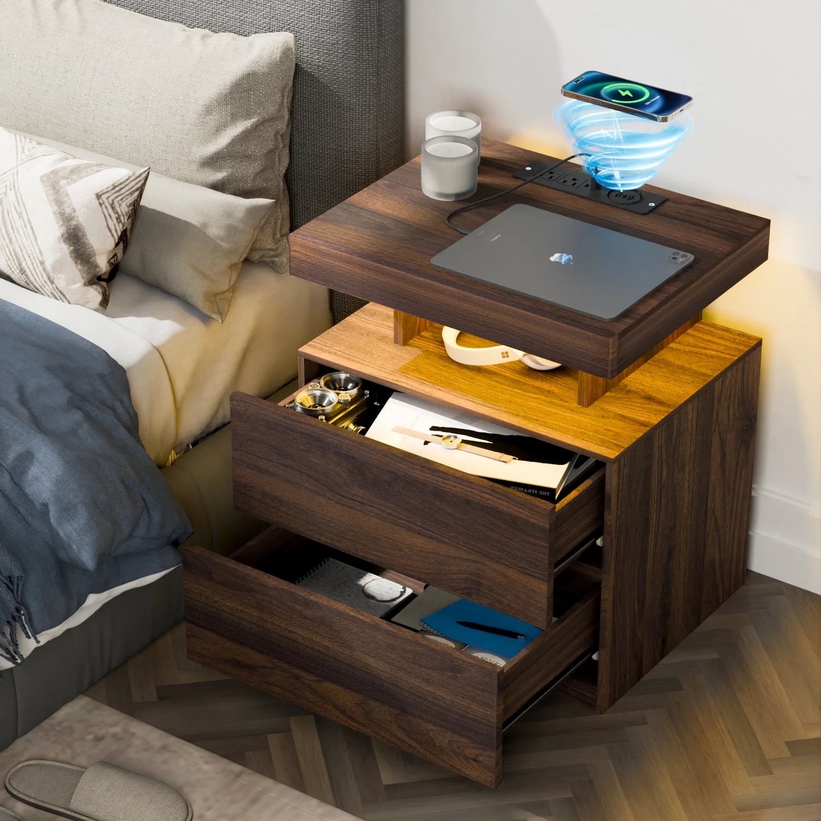LED Nightstand with Wireless Charging Station Modern Nightstand Type C USB Port 2 Drawers Bedside Table Dark Walnut Smart Night Table High Gloss End Side Table for Bedroom Furniture 22.3" Tall
