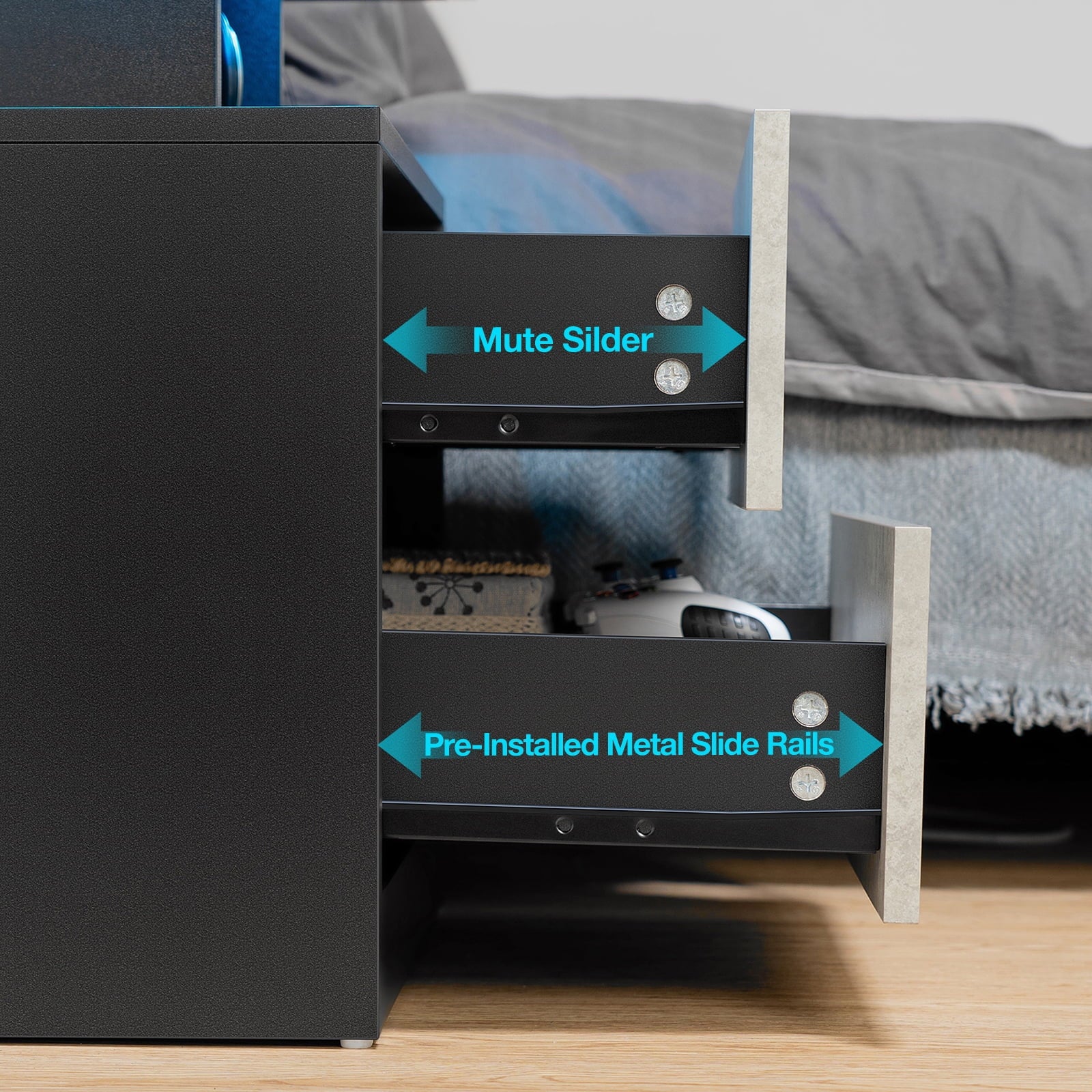 Modern Nightstand Set of 2 LED Nightstand with 15W Wireless Charging Type C USB Port 2 Drawers Bedside Table Storage High Gloss Night Table Gray End Side Table for Bedroom Furniture 22.3" Tall