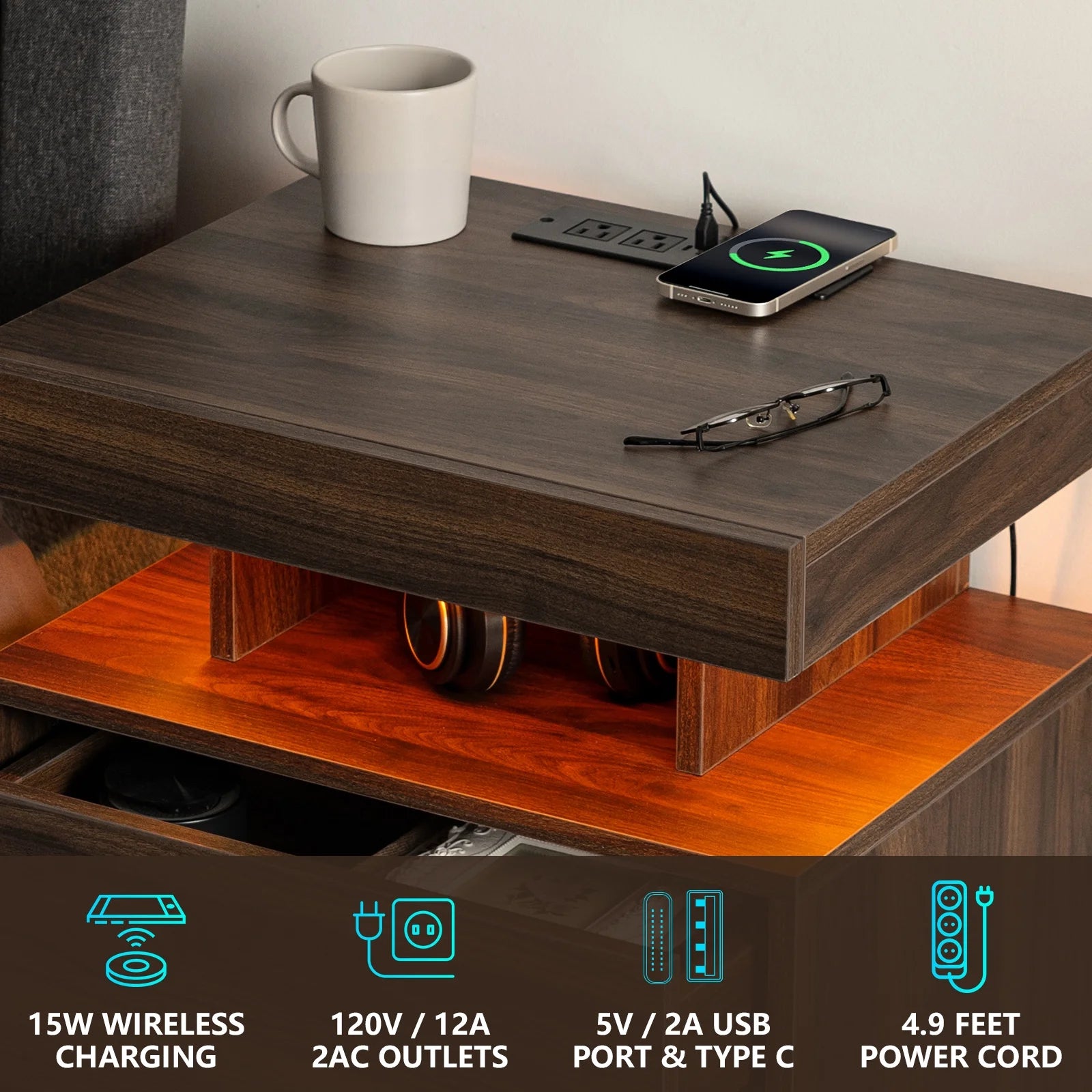 LED Nightstand with Wireless Charging Station Modern Nightstand Type C USB Port 2 Drawers Bedside Table Dark Walnut Smart Night Table High Gloss End Side Table for Bedroom Furniture 22.3" Tall
