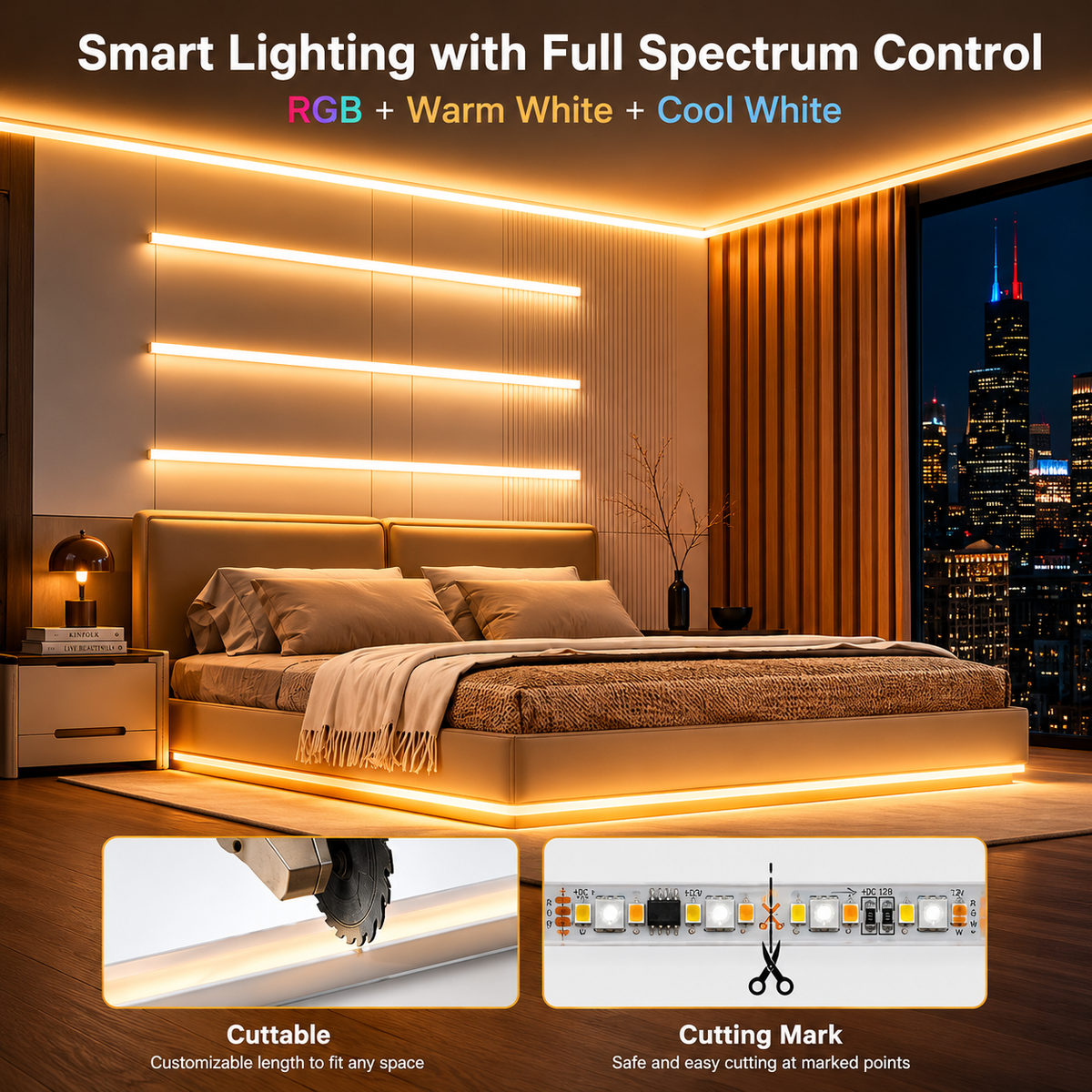 16 Ft. Hardwired Smart Integrated LED Strip Lights, RGBCW LED Strip Light Work with Alexa Smart Color Segmented Control