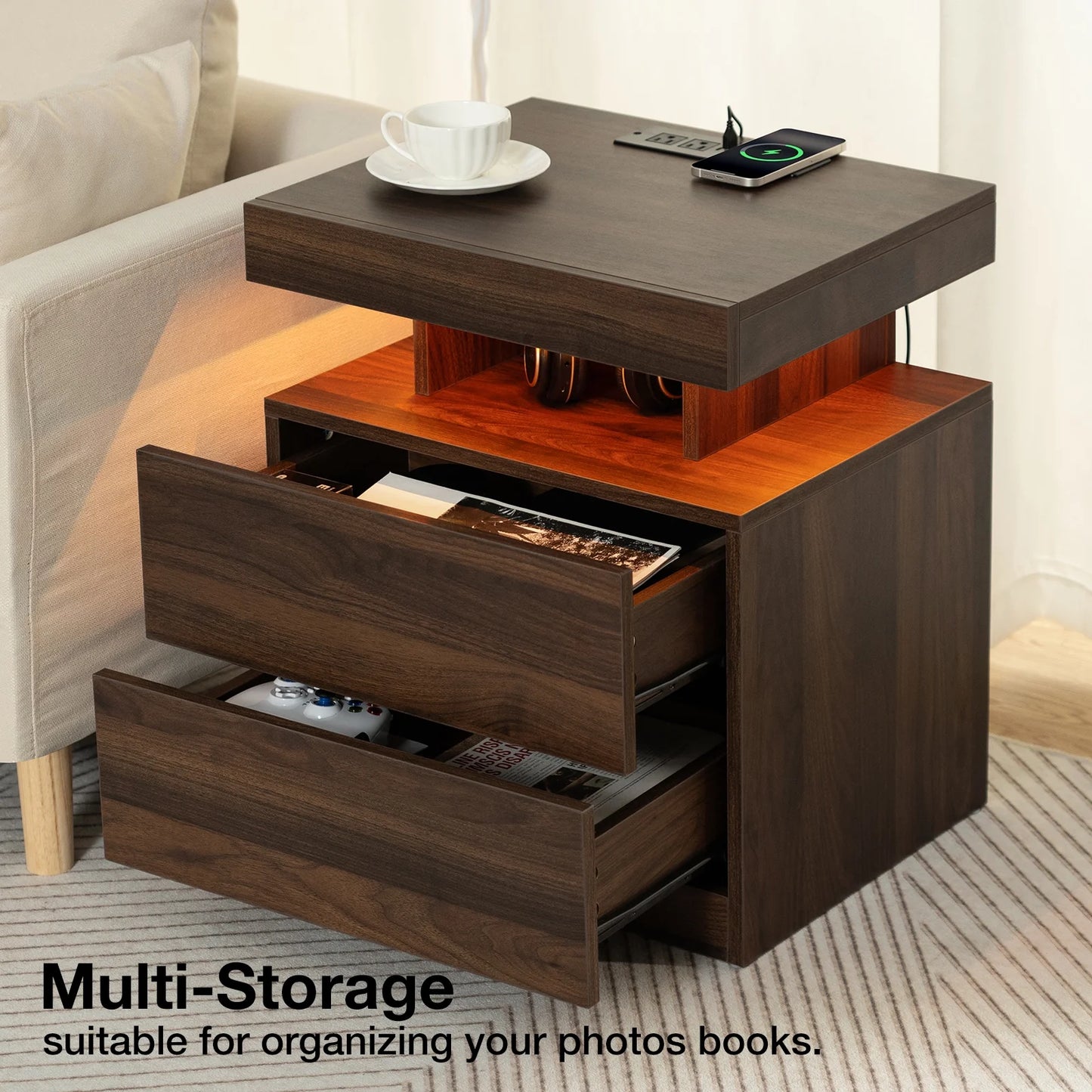 LED Nightstand with Wireless Charging Station Modern Nightstand Type C USB Port 2 Drawers Bedside Table Dark Walnut Smart Night Table High Gloss End Side Table for Bedroom Furniture 22.3" Tall
