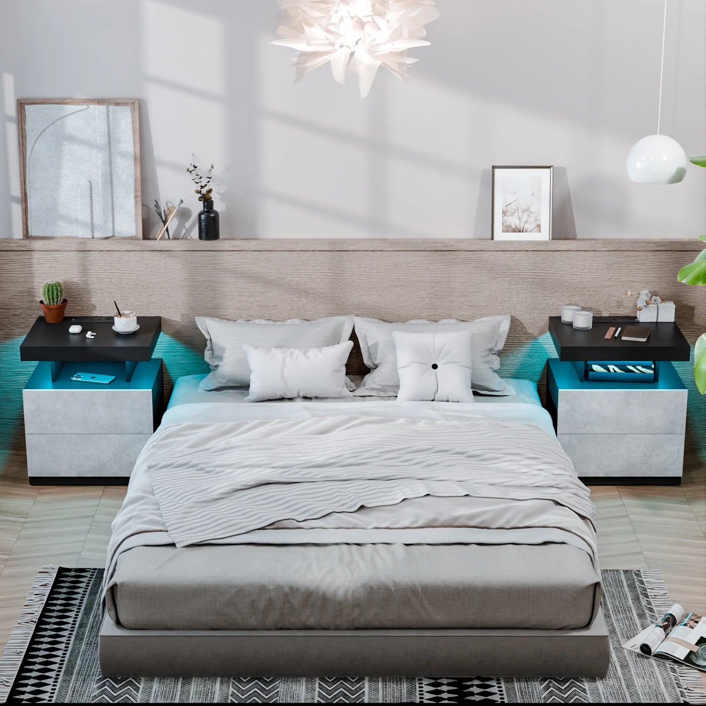 Modern Nightstand Set of 2 LED Nightstand with 15W Wireless Charging Type C USB Port 2 Drawers Bedside Table Storage High Gloss Night Table Gray End Side Table for Bedroom Furniture 22.3" Tall