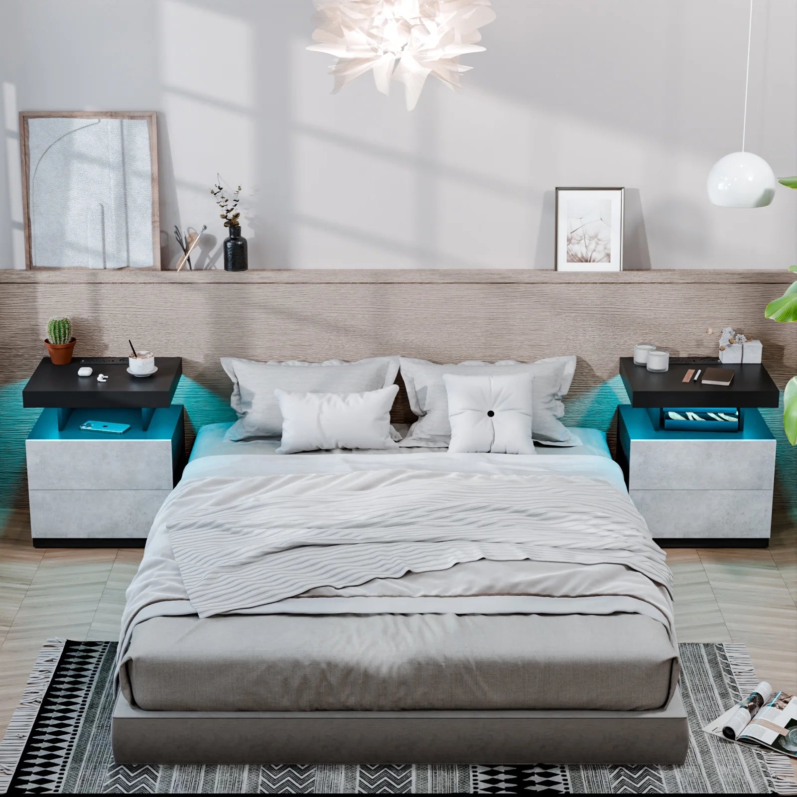 Modern Nightstand Set of 2 LED Nightstand with 15W Wireless Charging Type C USB Port 2 Drawers Bedside Table Storage High Gloss Night Table Gray End Side Table for Bedroom Furniture 22.3" Tall