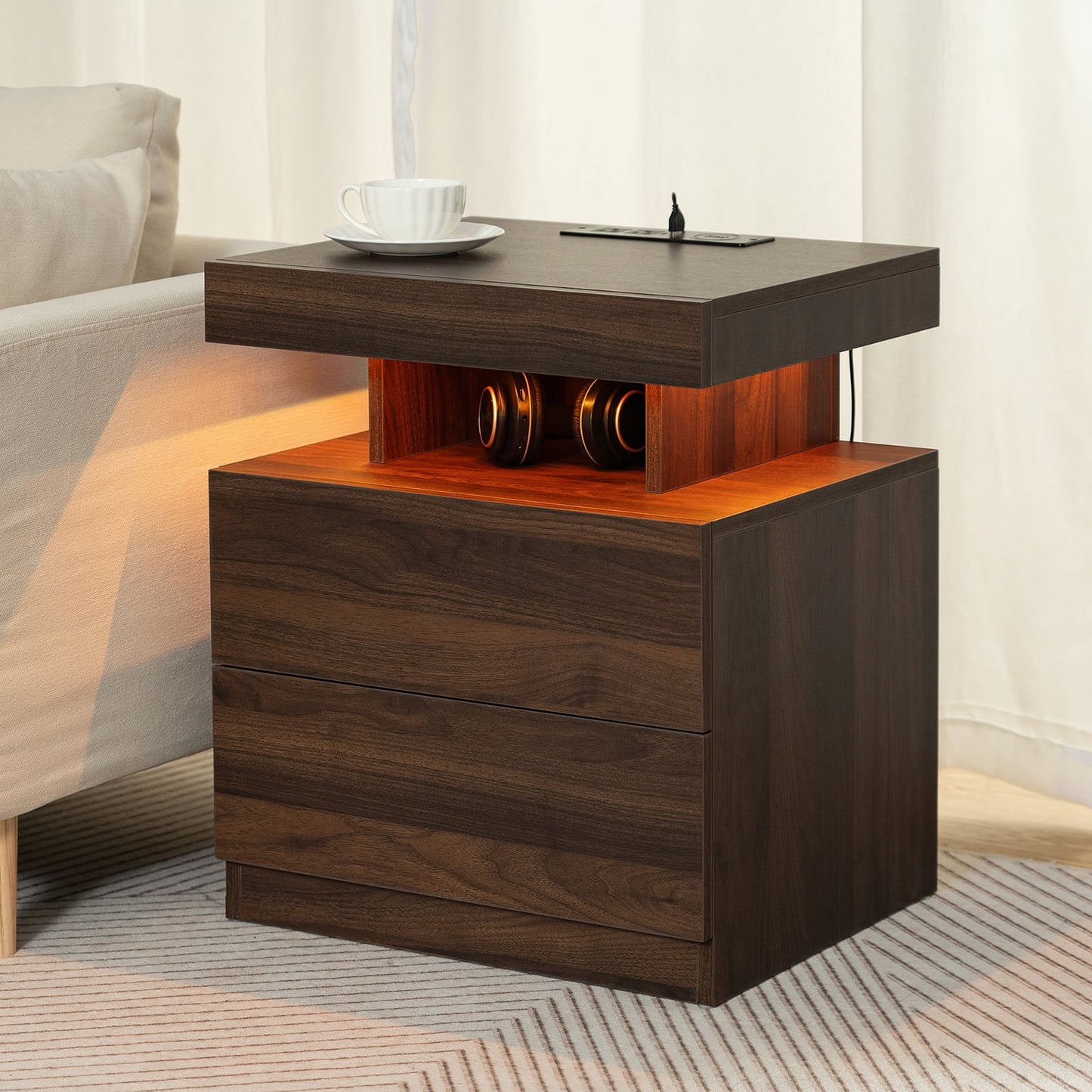 LED Nightstand with Wireless Charging Station Modern Nightstand Type C USB Port 2 Drawers Bedside Table Dark Walnut Smart Night Table High Gloss End Side Table for Bedroom Furniture 22.3" Tall