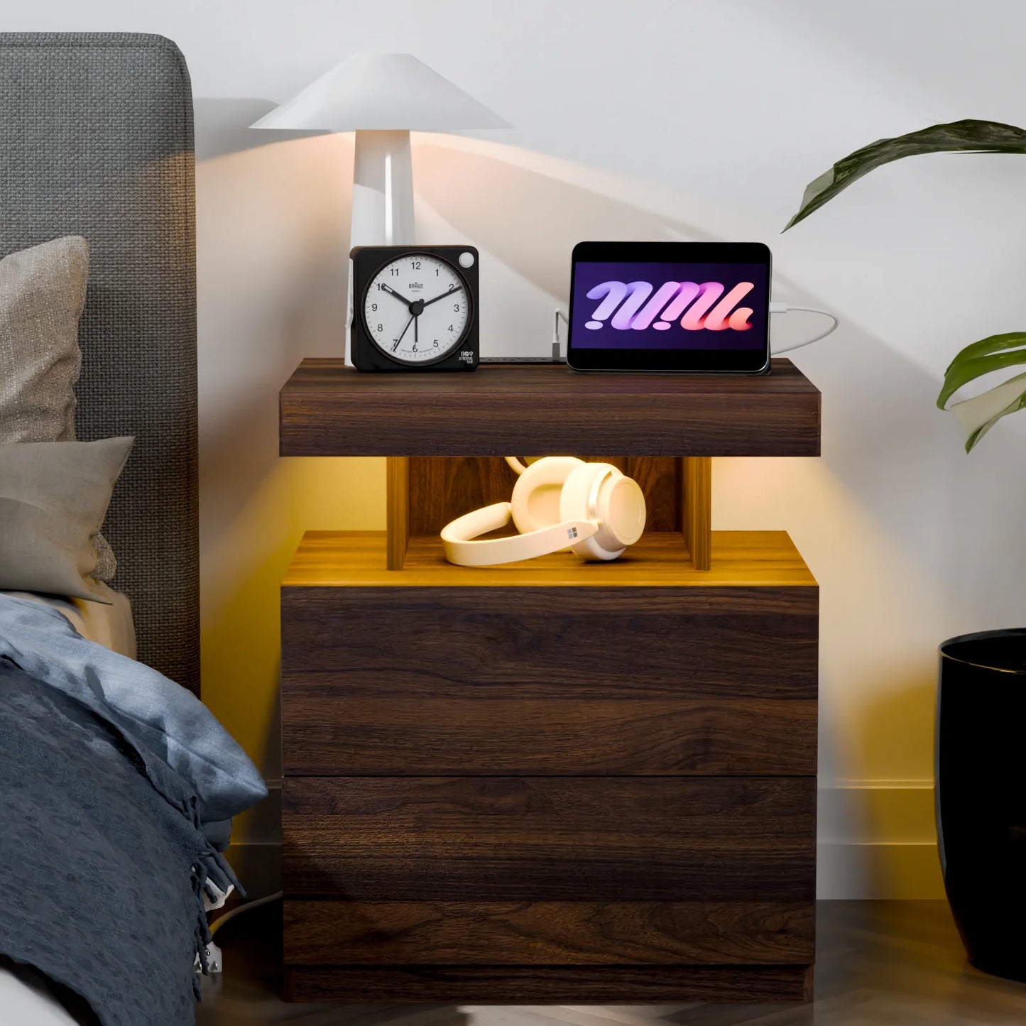 LED Nightstand with Wireless Charging Station Modern Nightstand Type C USB Port 2 Drawers Bedside Table Dark Walnut Smart Night Table High Gloss End Side Table for Bedroom Furniture 22.3" Tall