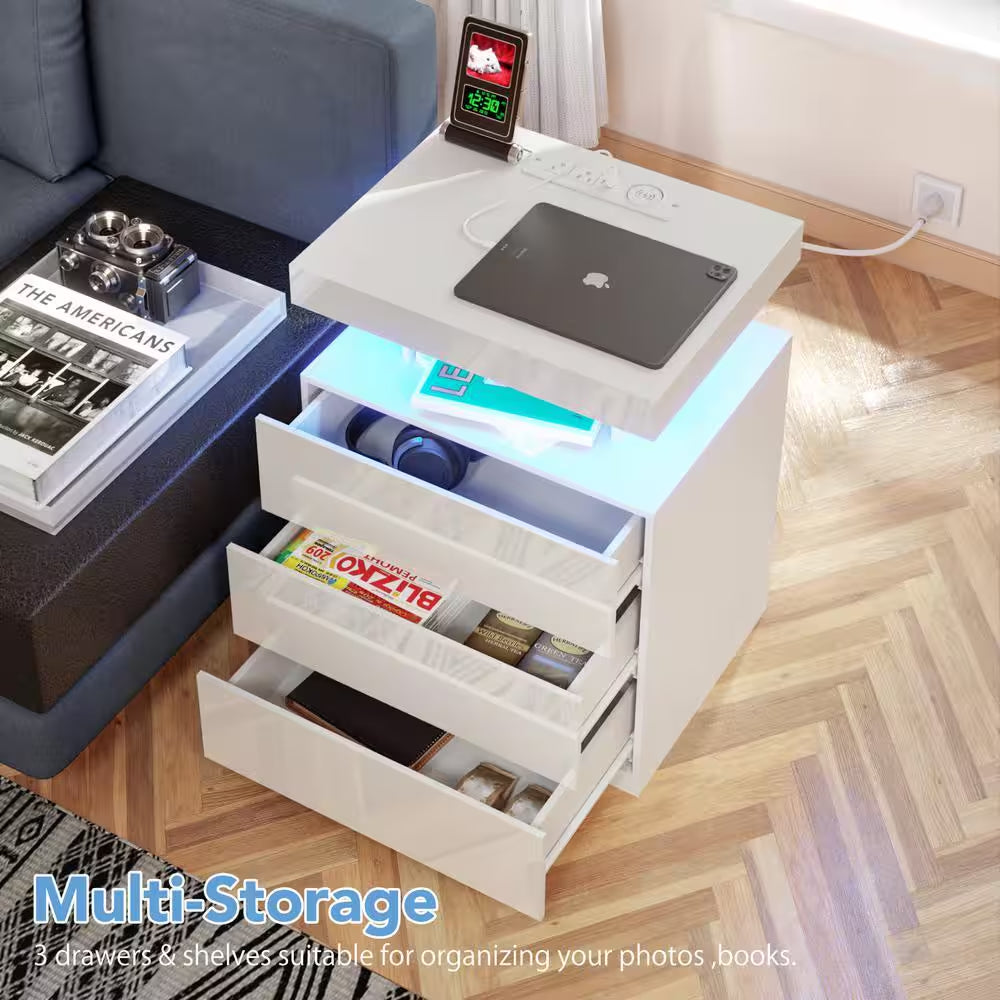 Modern White 3-Drawer 26.8 In. H X 19.7 In. W X 15.8 In. D Nightstand with Wireless Charging Station and LED Light Strip