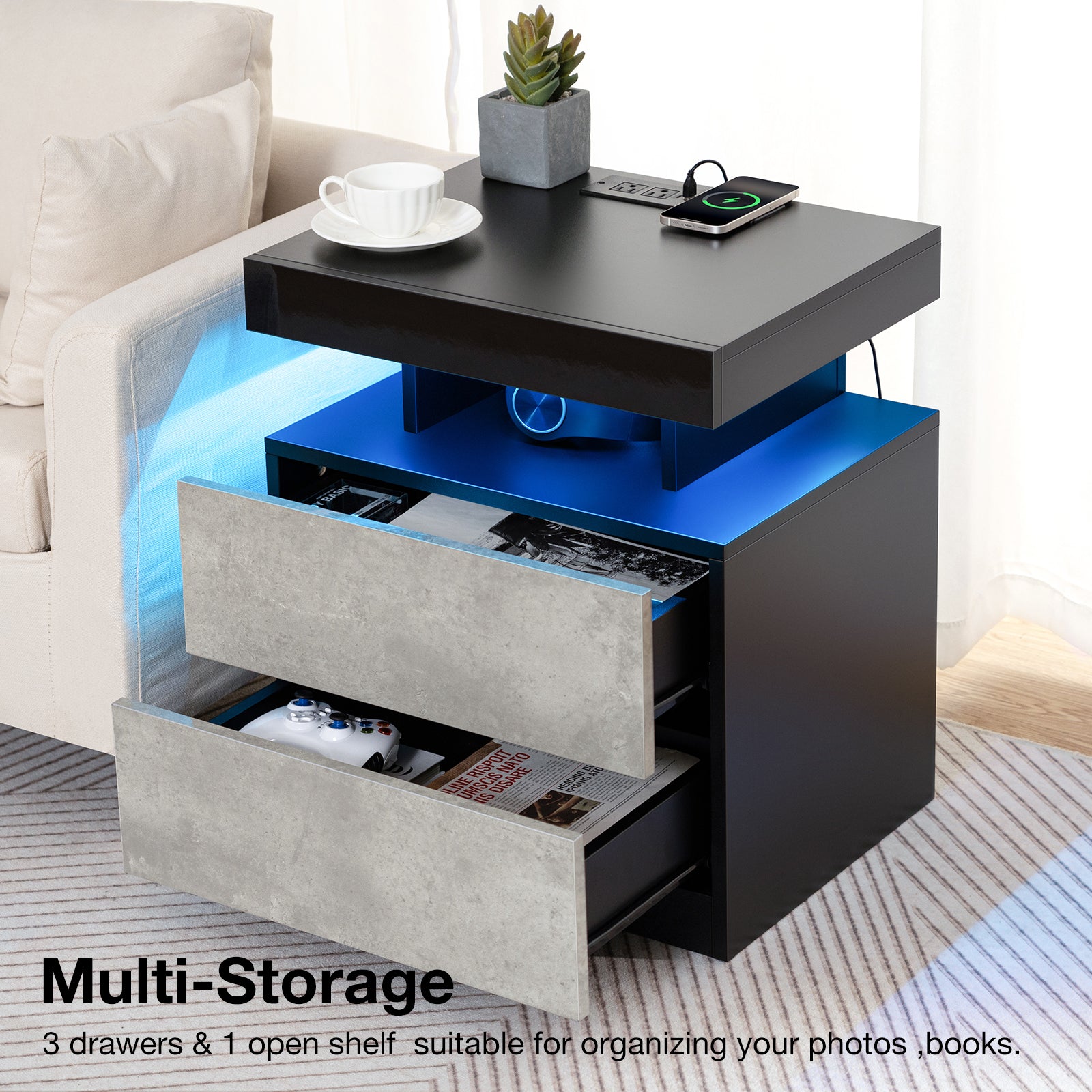 Modern Nightstand Set of 2 LED Nightstand with 15W Wireless Charging Type C USB Port 2 Drawers Bedside Table Storage High Gloss Night Table Gray End Side Table for Bedroom Furniture 22.3" Tall