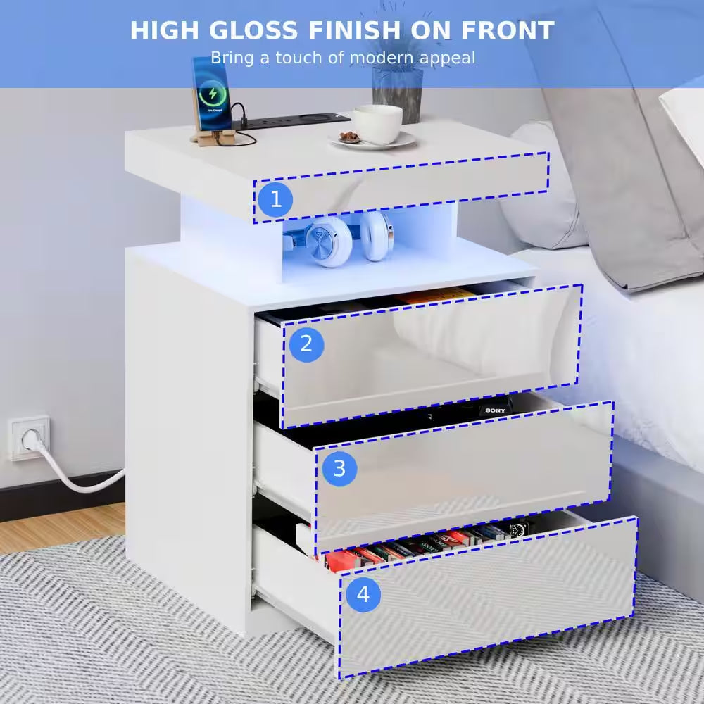 Modern White 3-Drawer 26.8 In. H X 19.7 In. W X 15.8 In. D Nightstand with Wireless Charging Station and LED Light Strip