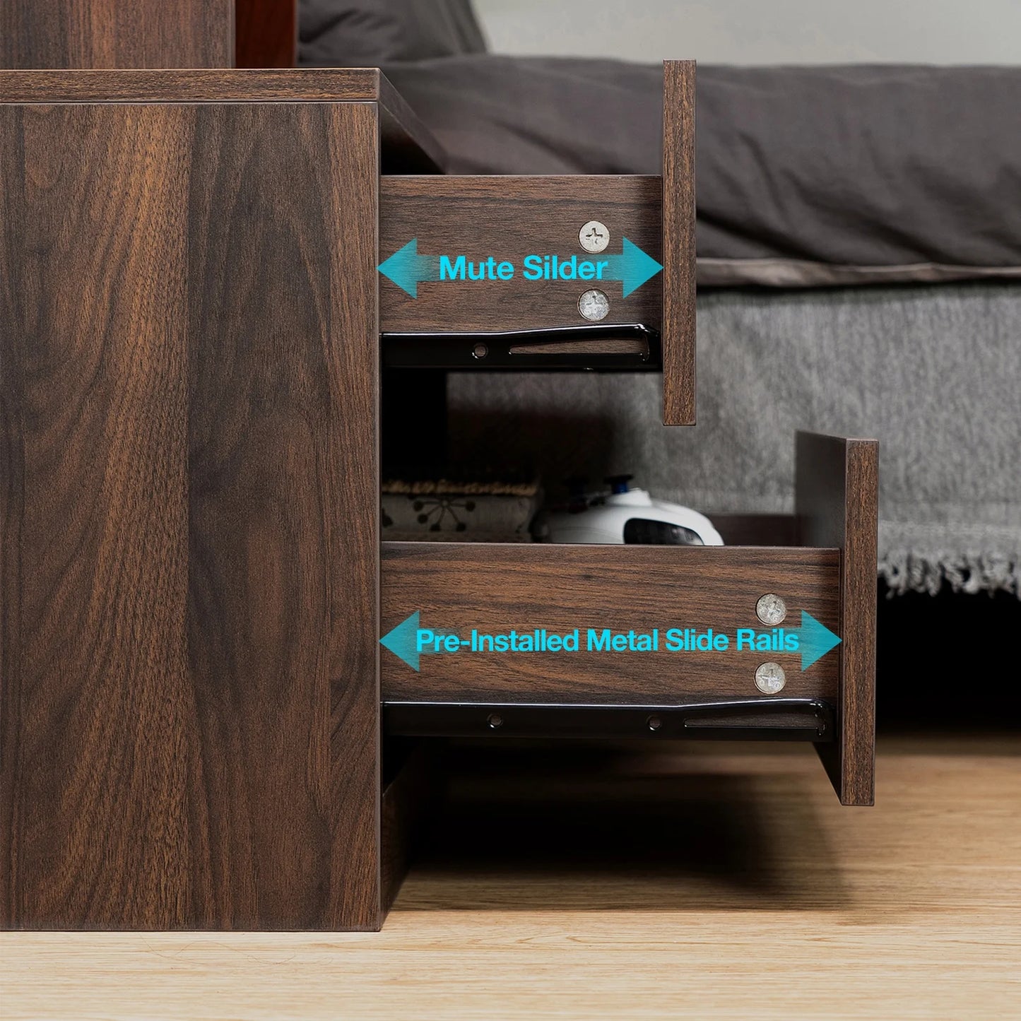 LED Nightstand with Wireless Charging Station Modern Nightstand Type C USB Port 2 Drawers Bedside Table Dark Walnut Smart Night Table High Gloss End Side Table for Bedroom Furniture 22.3" Tall