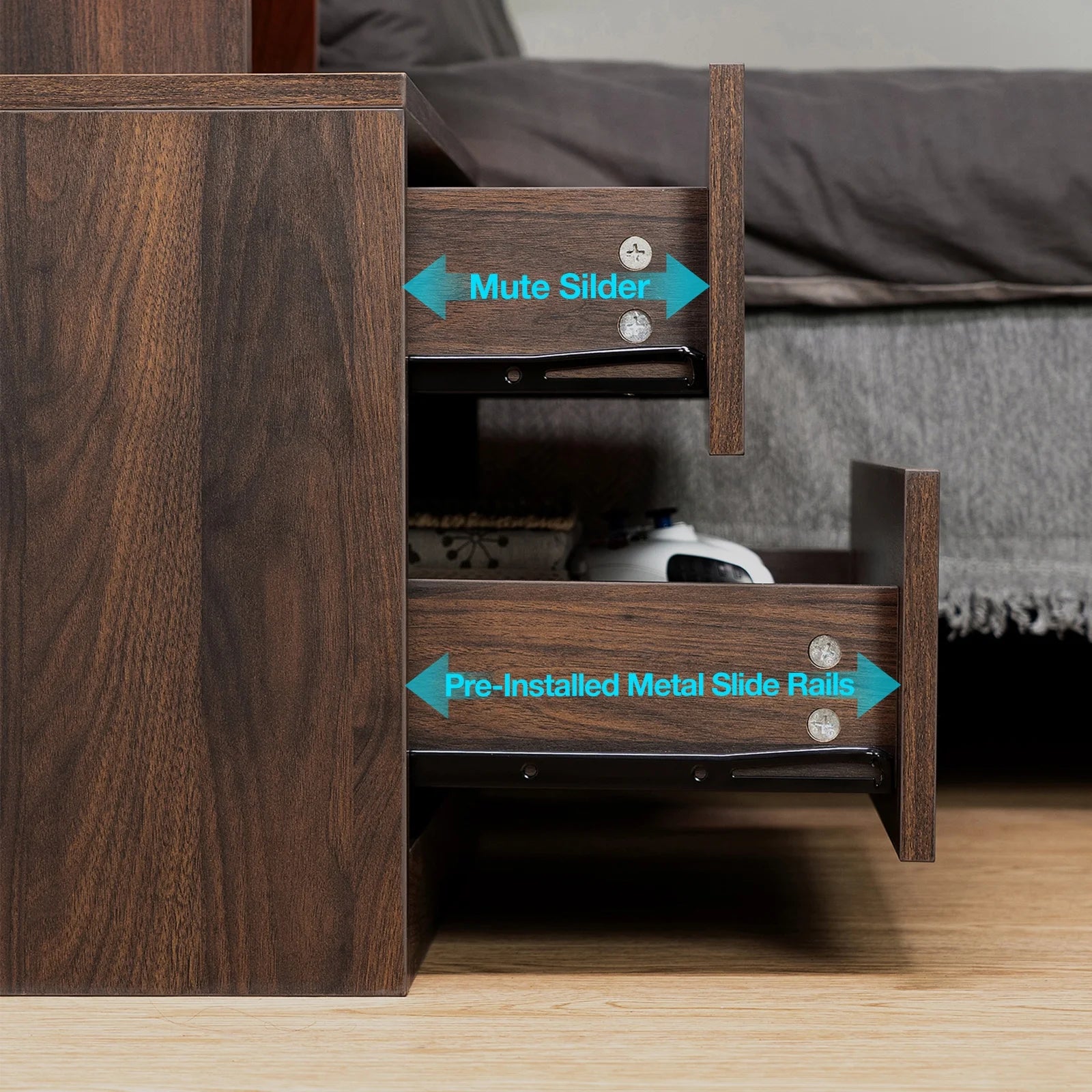LED Nightstand with Wireless Charging Station Modern Nightstand Type C USB Port 2 Drawers Bedside Table Dark Walnut Smart Night Table High Gloss End Side Table for Bedroom Furniture 22.3" Tall