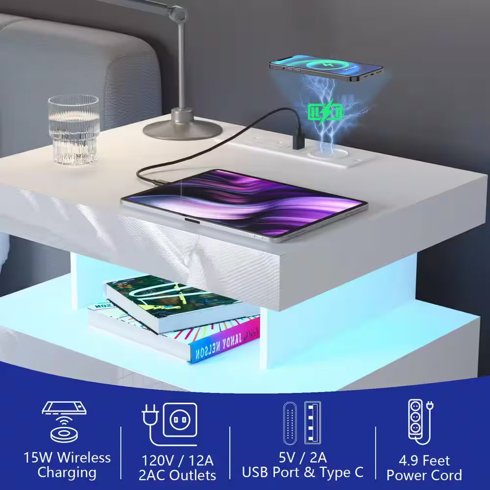 Modern White 3-Drawer 26.8 In. H X 19.7 In. W X 15.8 In. D Nightstand with Wireless Charging Station and LED Light Strip