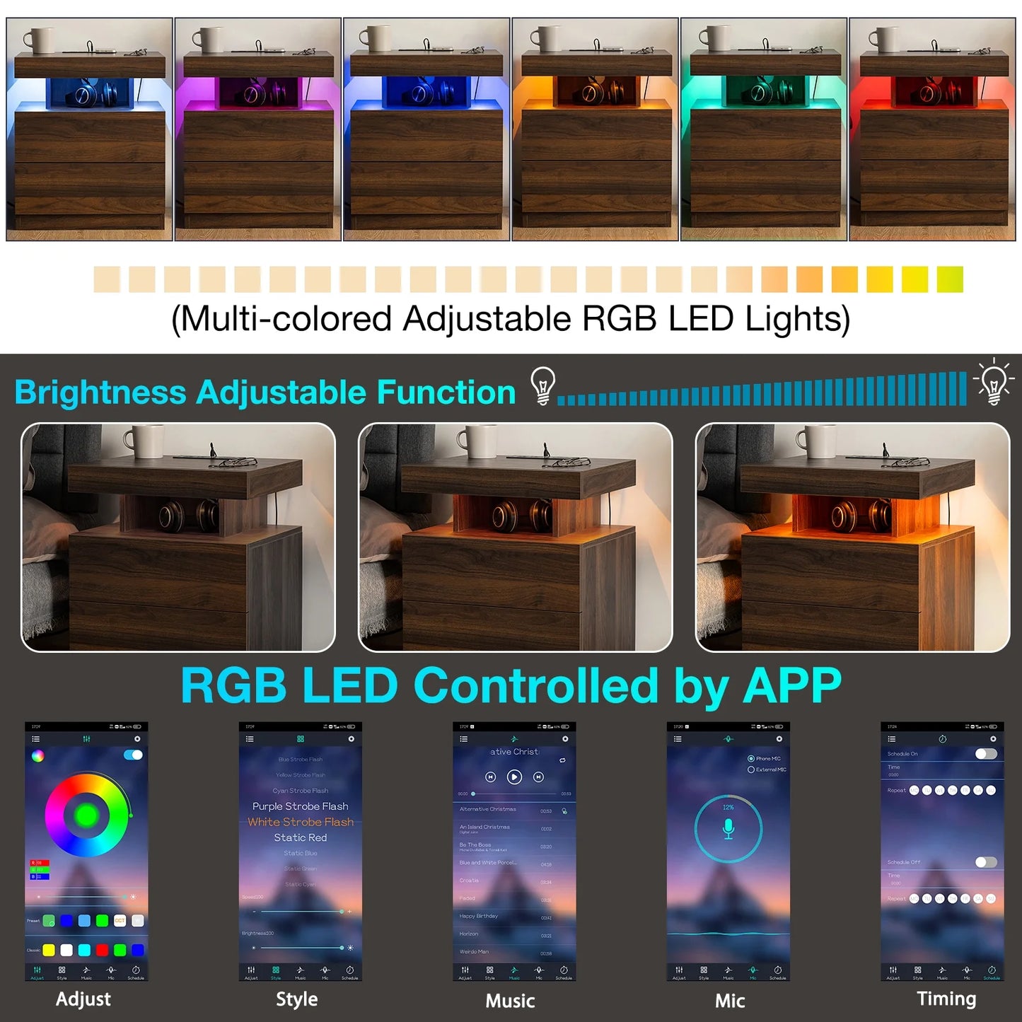 LED Nightstand with Wireless Charging Station Modern Nightstand Type C USB Port 2 Drawers Bedside Table Dark Walnut Smart Night Table High Gloss End Side Table for Bedroom Furniture 22.3" Tall