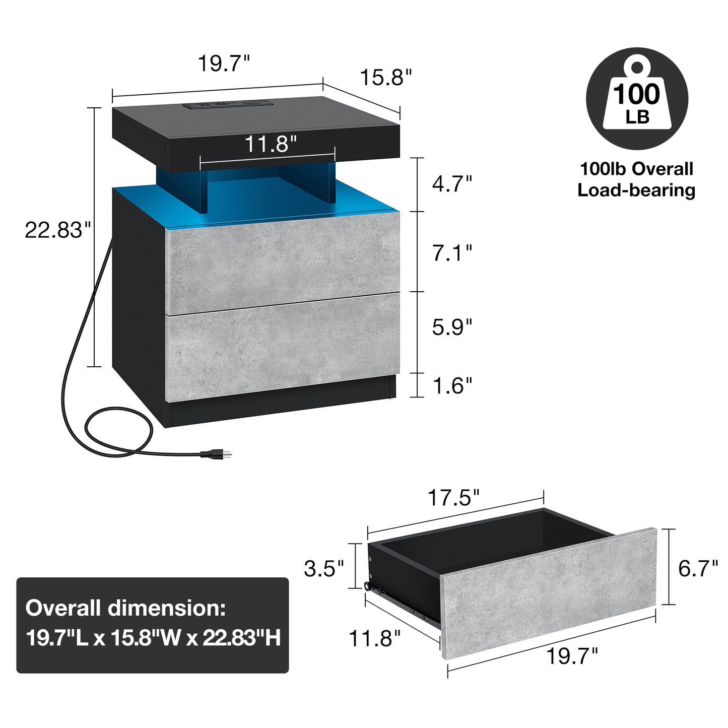Modern Nightstand Set of 2 LED Nightstand with 15W Wireless Charging Type C USB Port 2 Drawers Bedside Table Storage High Gloss Night Table Gray End Side Table for Bedroom Furniture 22.3" Tall