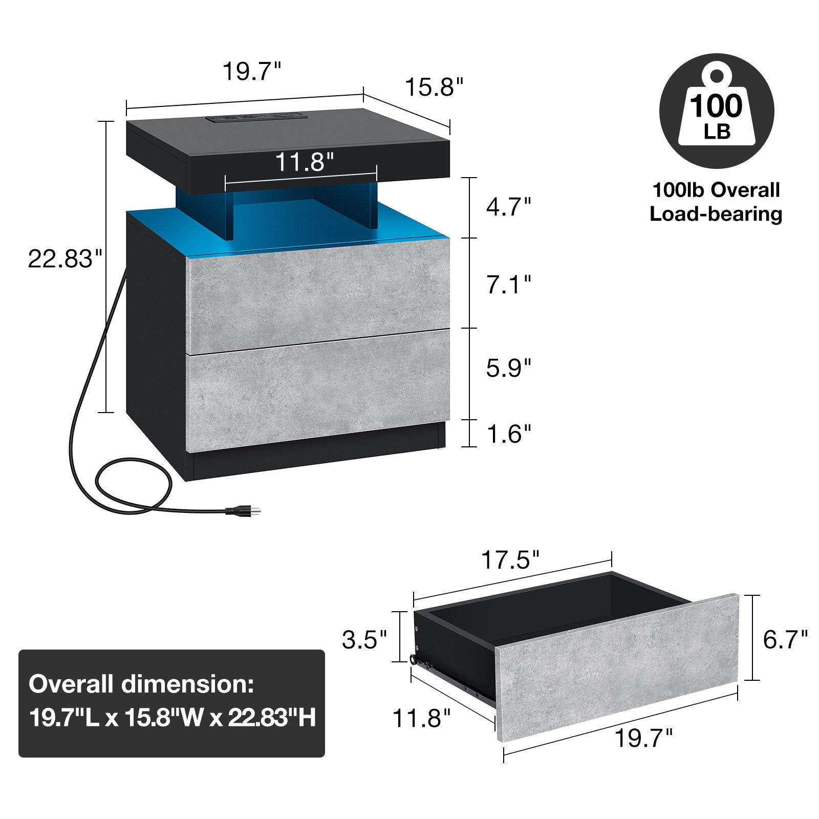 Modern Nightstand Set of 2 LED Nightstand with 15W Wireless Charging Type C USB Port 2 Drawers Bedside Table Storage High Gloss Night Table Gray End Side Table for Bedroom Furniture 22.3" Tall