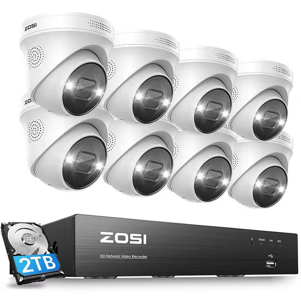 4K UHD 8-Channel 2TB Poe NVR Security Camera System with 8 8MP Wired Spotlight Cameras, Color Night Vision, 2-Way Audio