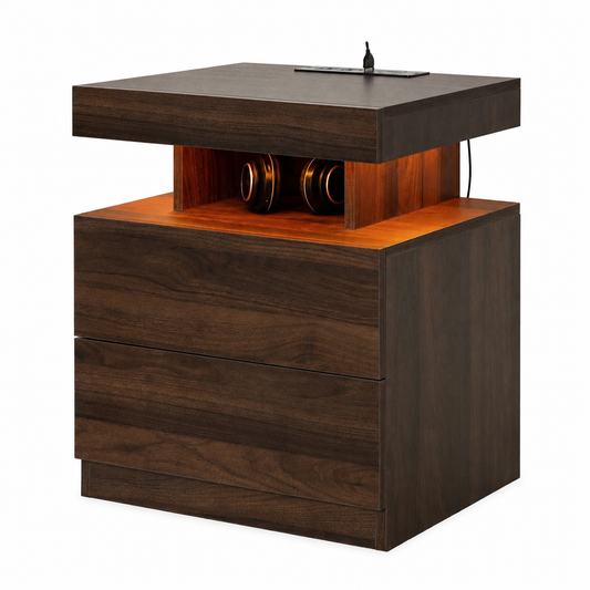 LED Nightstand with Wireless Charging Station Modern Nightstand Type C USB Port 2 Drawers Bedside Table Dark Walnut Smart Night Table High Gloss End Side Table for Bedroom Furniture 22.3" Tall