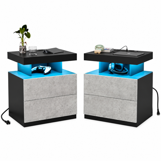 Modern Nightstand Set of 2 LED Nightstand with 15W Wireless Charging Type C USB Port 2 Drawers Bedside Table Storage High Gloss Night Table Gray End Side Table for Bedroom Furniture 22.3" Tall