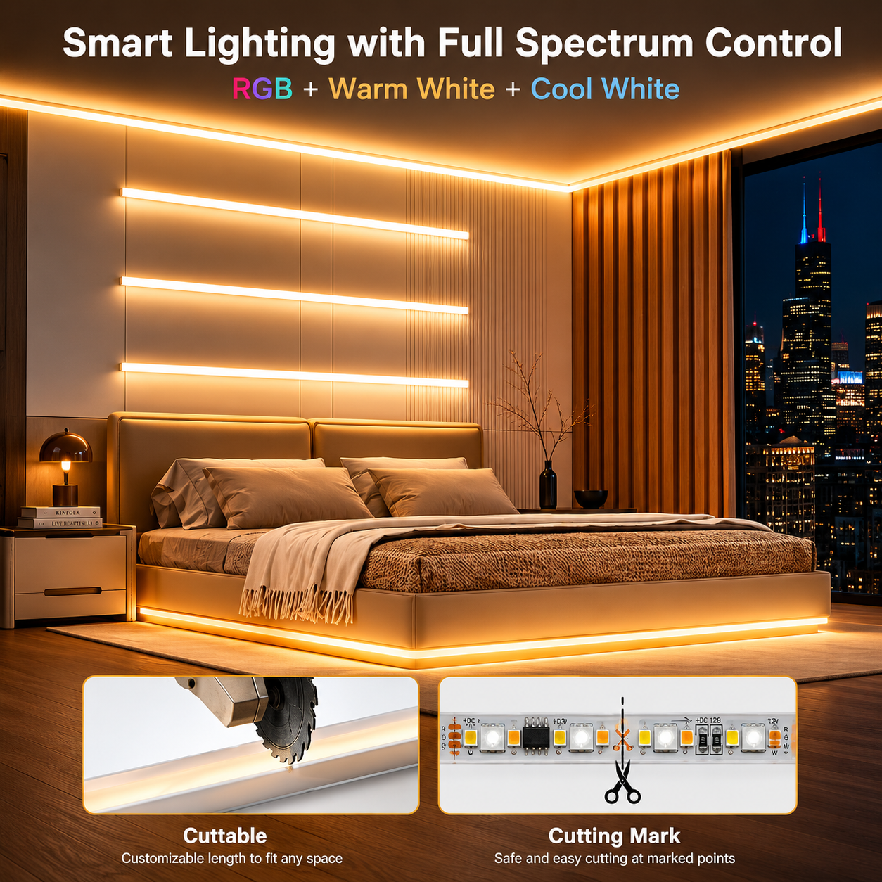 16 Ft. Hardwired Smart Integrated LED Strip Lights, RGBCW LED Strip Light Work with Alexa Smart Color Segmented Control