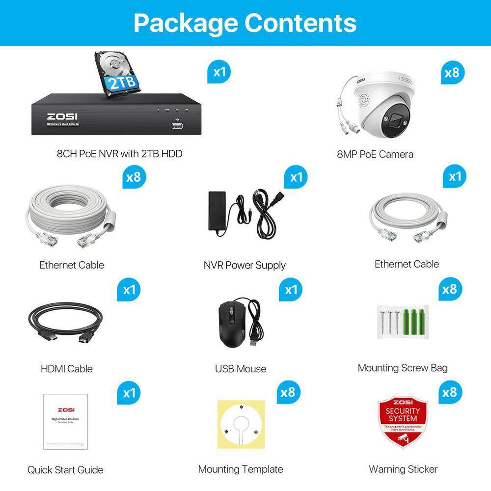 4K UHD 8-Channel 2TB Poe NVR Security Camera System with 8 8MP Wired Spotlight Cameras, Color Night Vision, 2-Way Audio