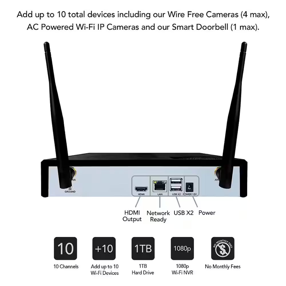 10-Channel 1080P Smart NVR Security Camera System with 1TB Hard Drive and 3 1080P Wire Free Spotlight Cameras