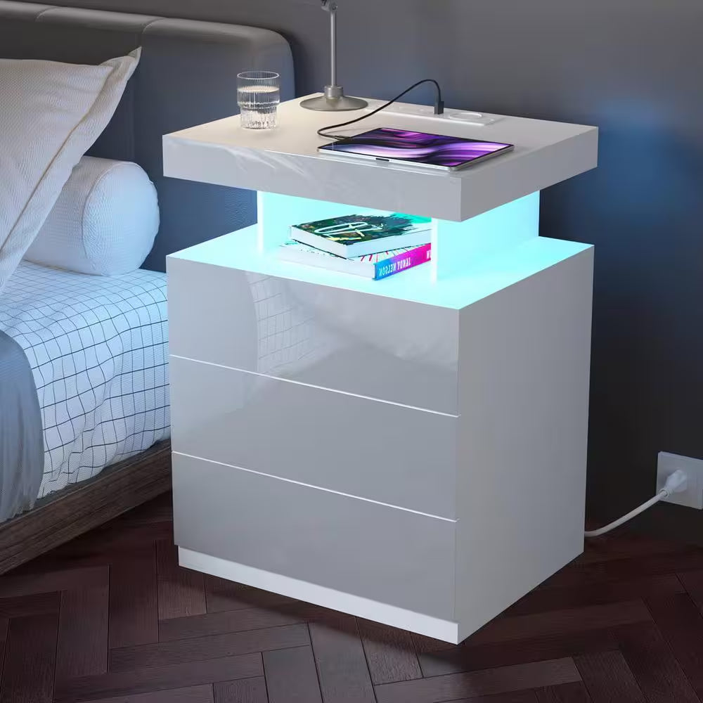 Modern White 3-Drawer 26.8 In. H X 19.7 In. W X 15.8 In. D Nightstand with Wireless Charging Station and LED Light Strip