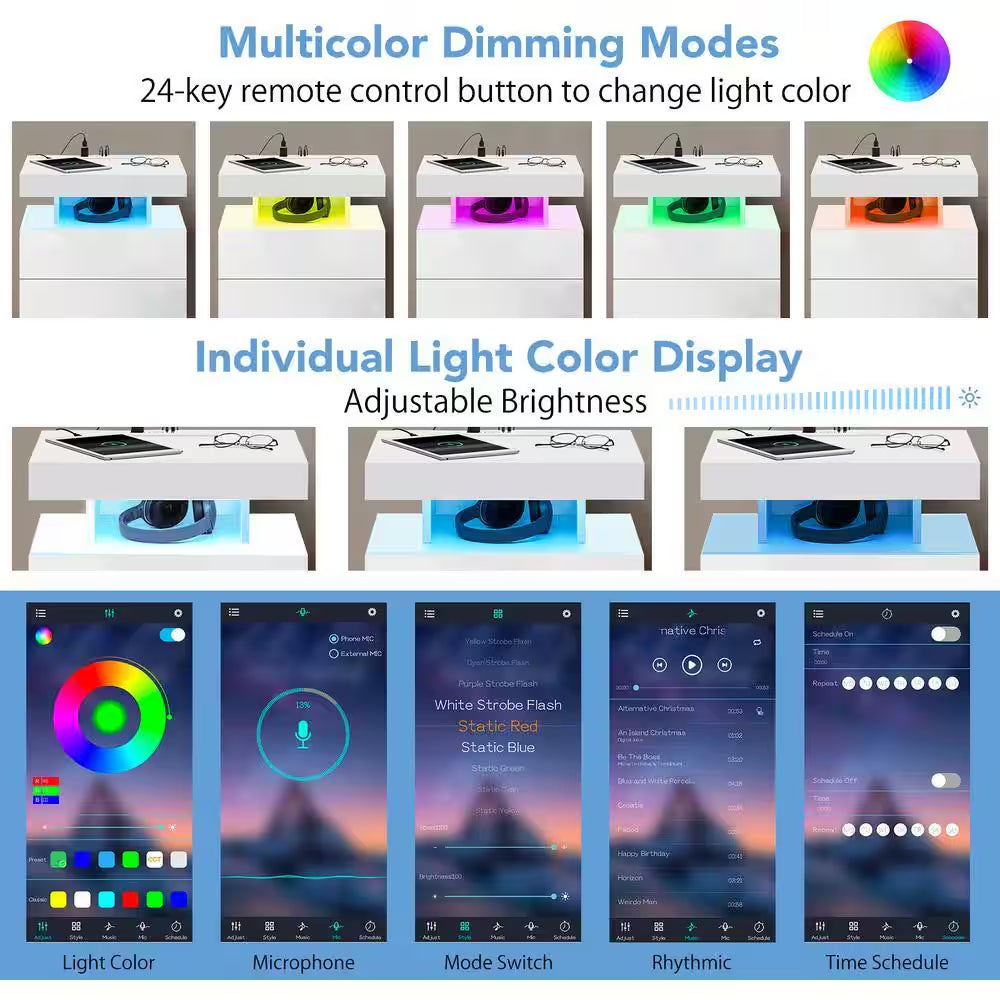 Modern White 3-Drawer 26.8 In. H X 19.7 In. W X 15.8 In. D Nightstand with Wireless Charging Station and LED Light Strip