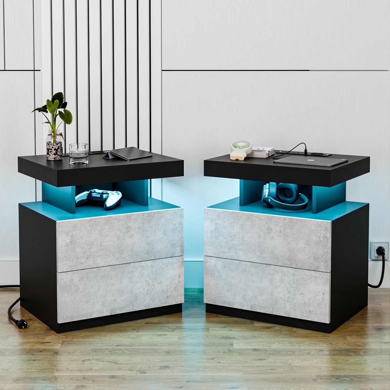 Modern Nightstand Set of 2 LED Nightstand with 15W Wireless Charging Type C USB Port 2 Drawers Bedside Table Storage High Gloss Night Table Gray End Side Table for Bedroom Furniture 22.3" Tall