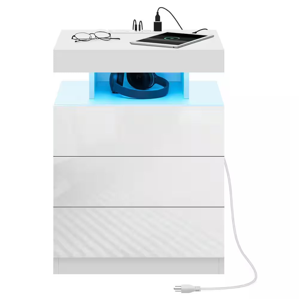 Modern White 3-Drawer 26.8 In. H X 19.7 In. W X 15.8 In. D Nightstand with Wireless Charging Station and LED Light Strip