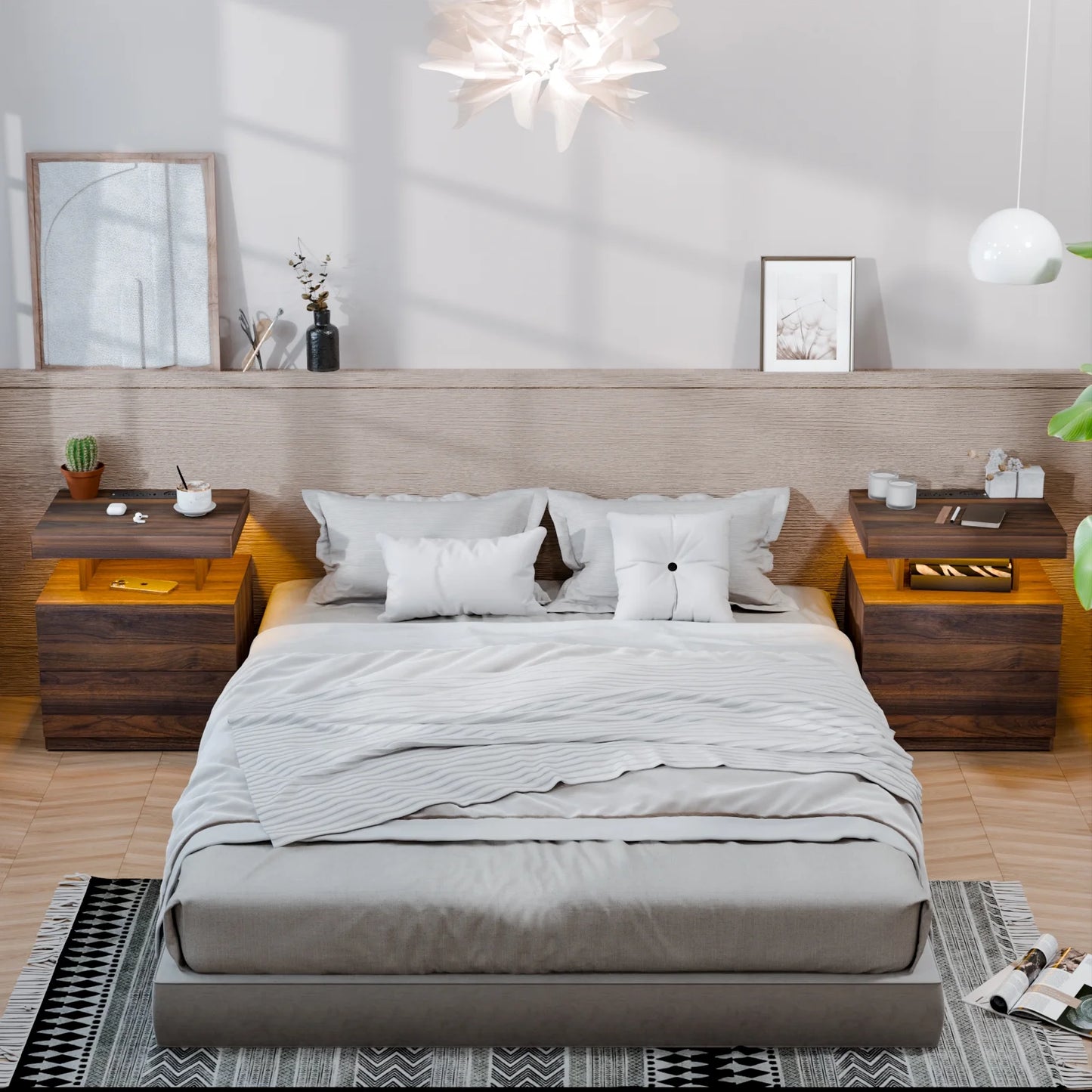 LED Nightstand with Wireless Charging Station Modern Nightstand Type C USB Port 2 Drawers Bedside Table Dark Walnut Smart Night Table High Gloss End Side Table for Bedroom Furniture 22.3" Tall