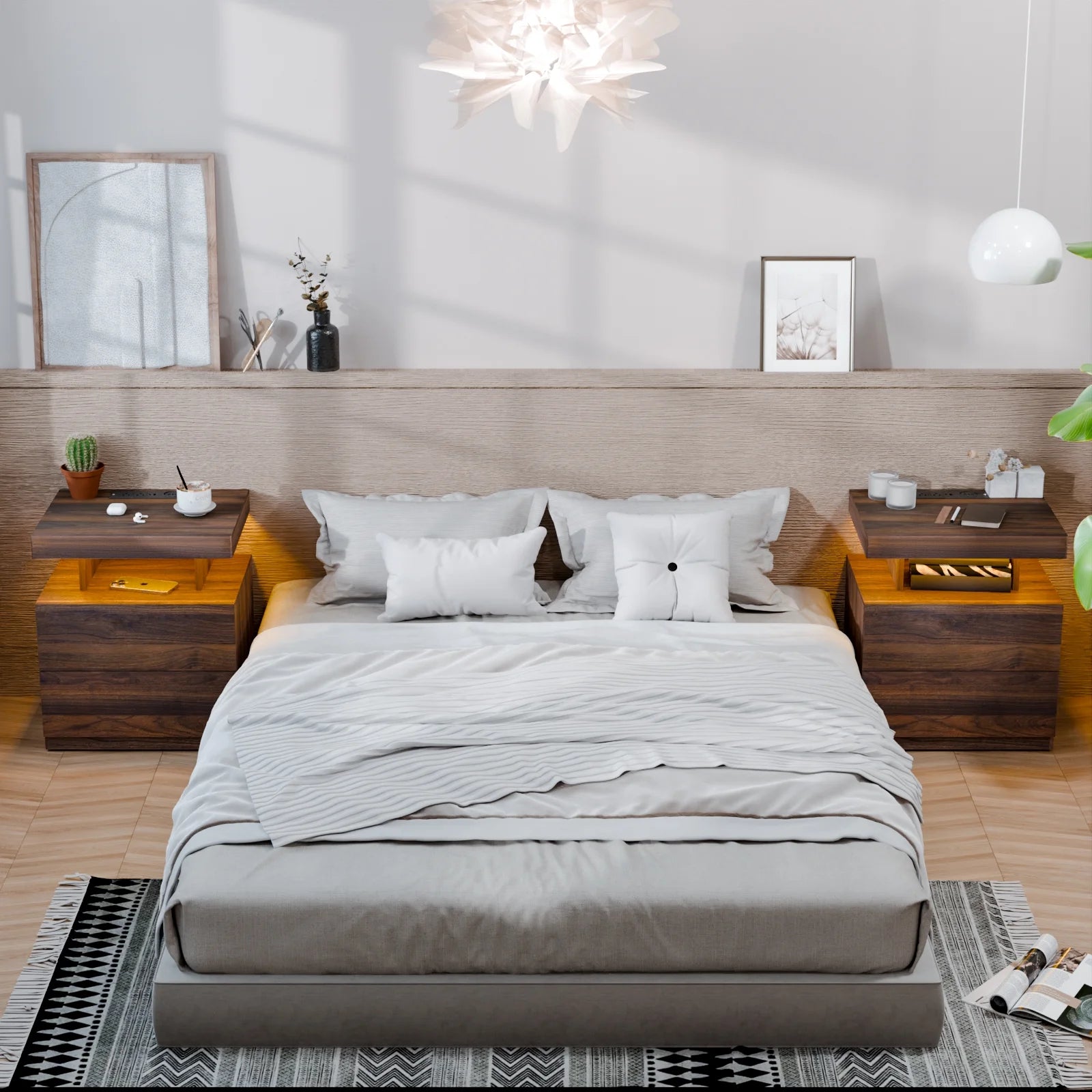 LED Nightstand with Wireless Charging Station Modern Nightstand Type C USB Port 2 Drawers Bedside Table Dark Walnut Smart Night Table High Gloss End Side Table for Bedroom Furniture 22.3" Tall