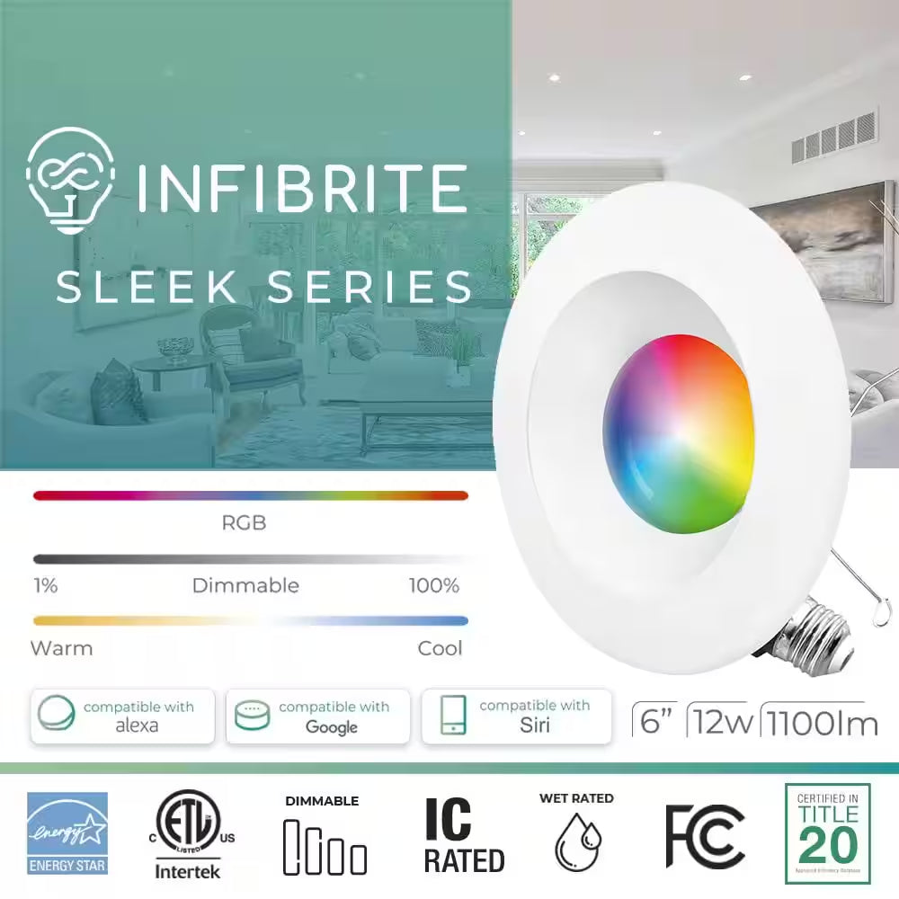 6 In. Wi-Fi Smart 12-Watt 1100 Lumens Thin Recessed Retrofit LED Sleek Series Light Kit/Google, Wet Rated (12-Pack)