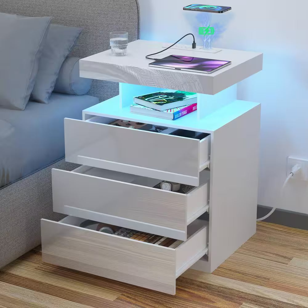 Modern White 3-Drawer 26.8 In. H X 19.7 In. W X 15.8 In. D Nightstand with Wireless Charging Station and LED Light Strip