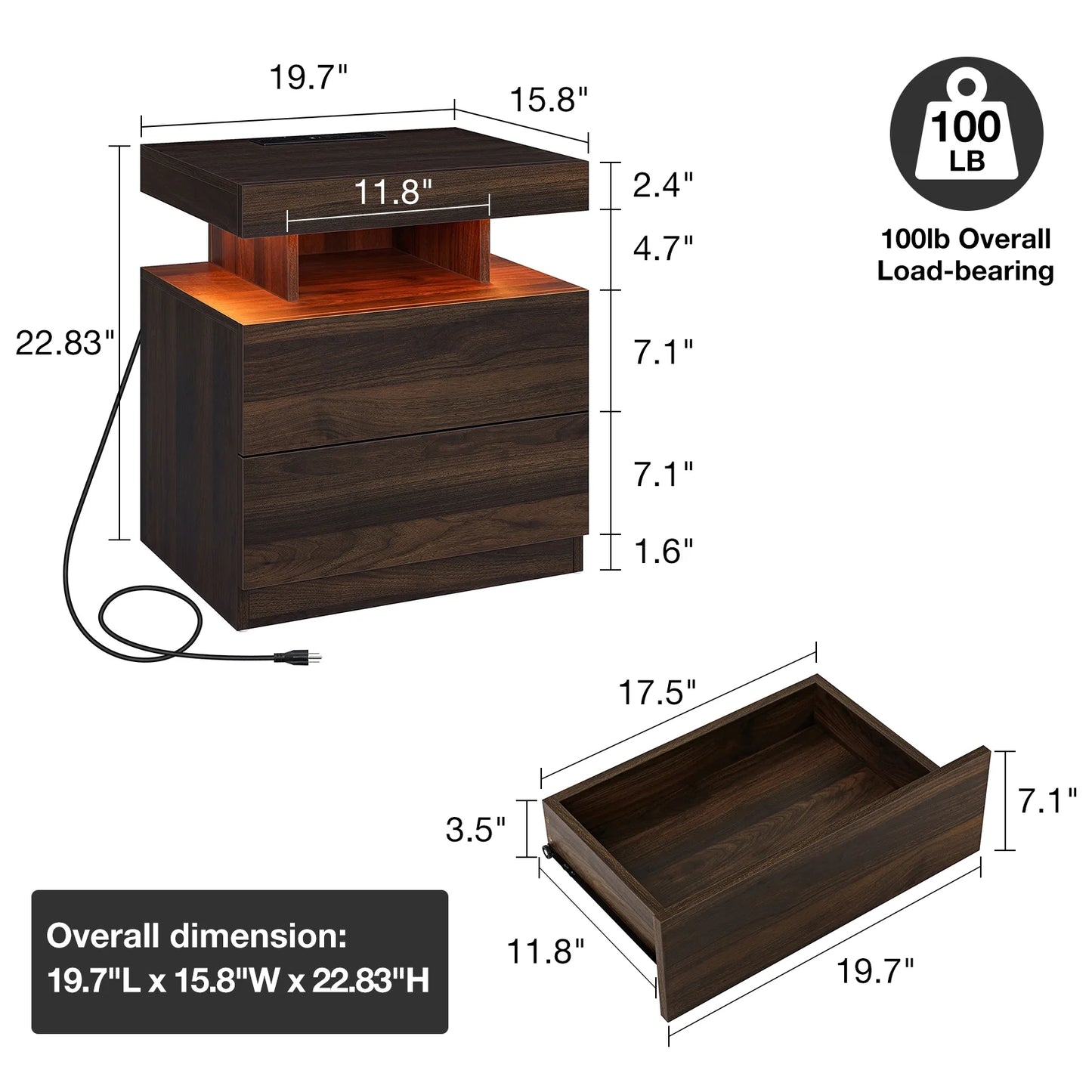 LED Nightstand with Wireless Charging Station Modern Nightstand Type C USB Port 2 Drawers Bedside Table Dark Walnut Smart Night Table High Gloss End Side Table for Bedroom Furniture 22.3" Tall