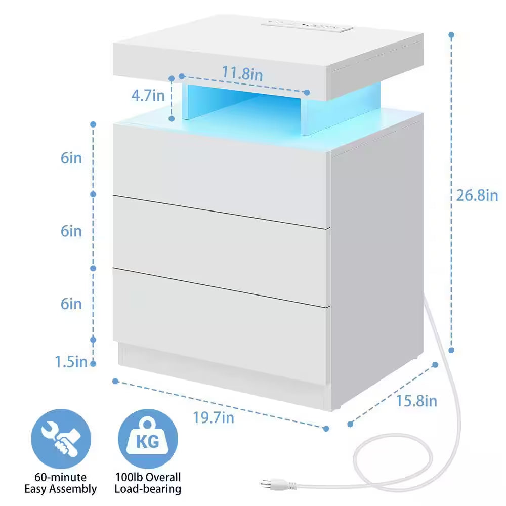 Modern White 3-Drawer 26.8 In. H X 19.7 In. W X 15.8 In. D Nightstand with Wireless Charging Station and LED Light Strip