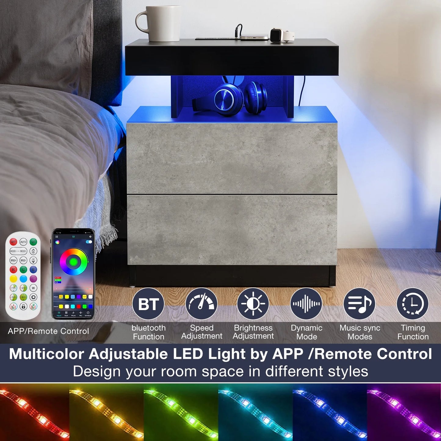 Modern Nightstand Set of 2 LED Nightstand with 15W Wireless Charging Type C USB Port 2 Drawers Bedside Table Storage High Gloss Night Table Gray End Side Table for Bedroom Furniture 22.3" Tall