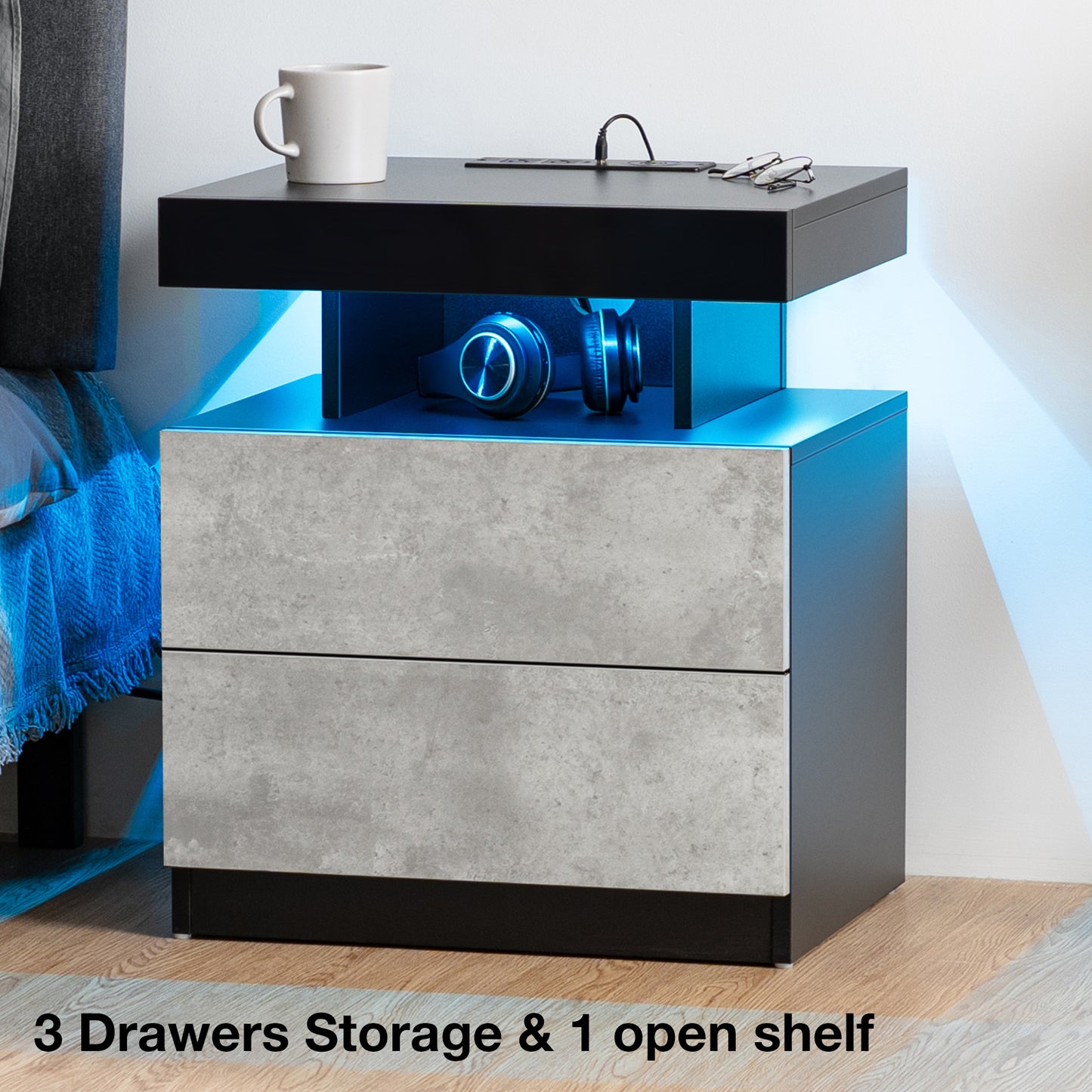 Modern Nightstand Set of 2 LED Nightstand with 15W Wireless Charging Type C USB Port 2 Drawers Bedside Table Storage High Gloss Night Table Gray End Side Table for Bedroom Furniture 22.3" Tall