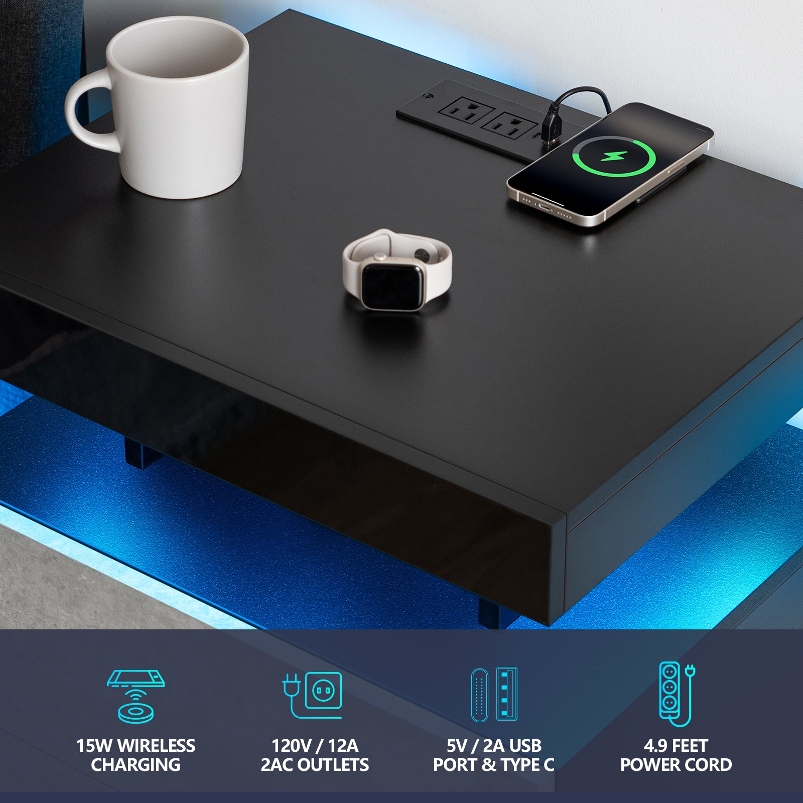 Modern Nightstand Set of 2 LED Nightstand with 15W Wireless Charging Type C USB Port 2 Drawers Bedside Table Storage High Gloss Night Table Gray End Side Table for Bedroom Furniture 22.3" Tall