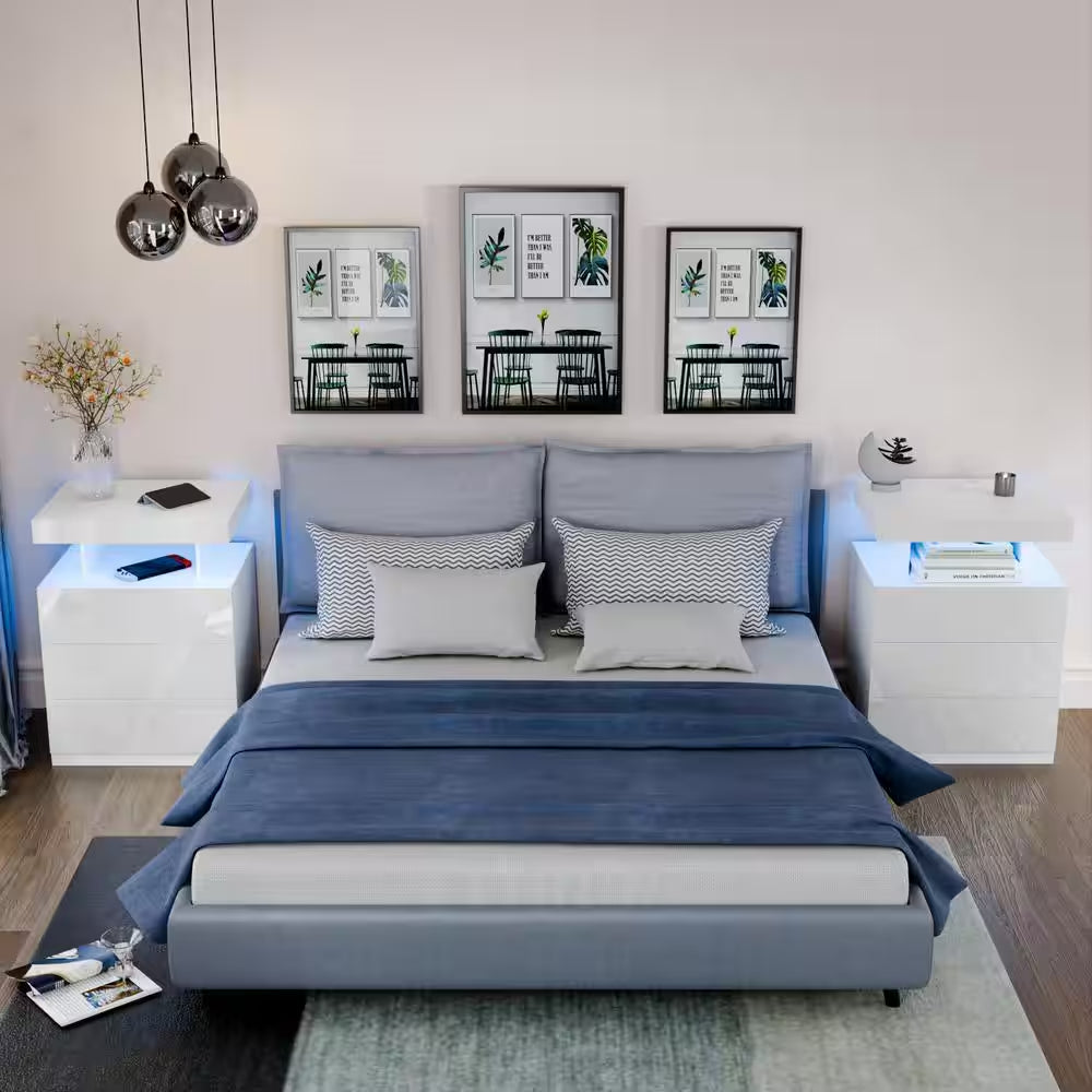 Modern White 3-Drawer 26.8 In. H X 19.7 In. W X 15.8 In. D Nightstand with Wireless Charging Station and LED Light Strip